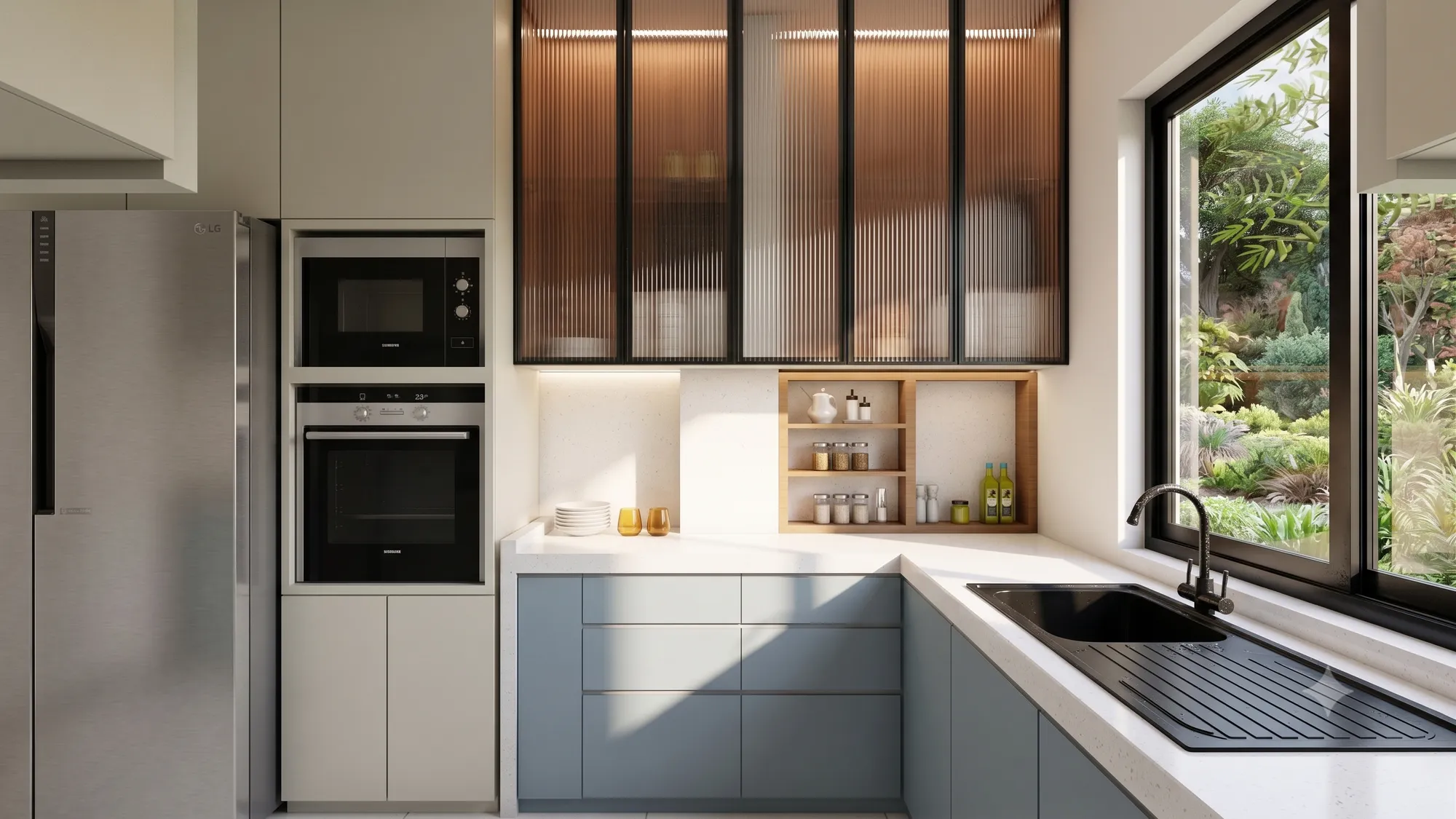 Modular kitchen with fluted glass cabinets and garden view