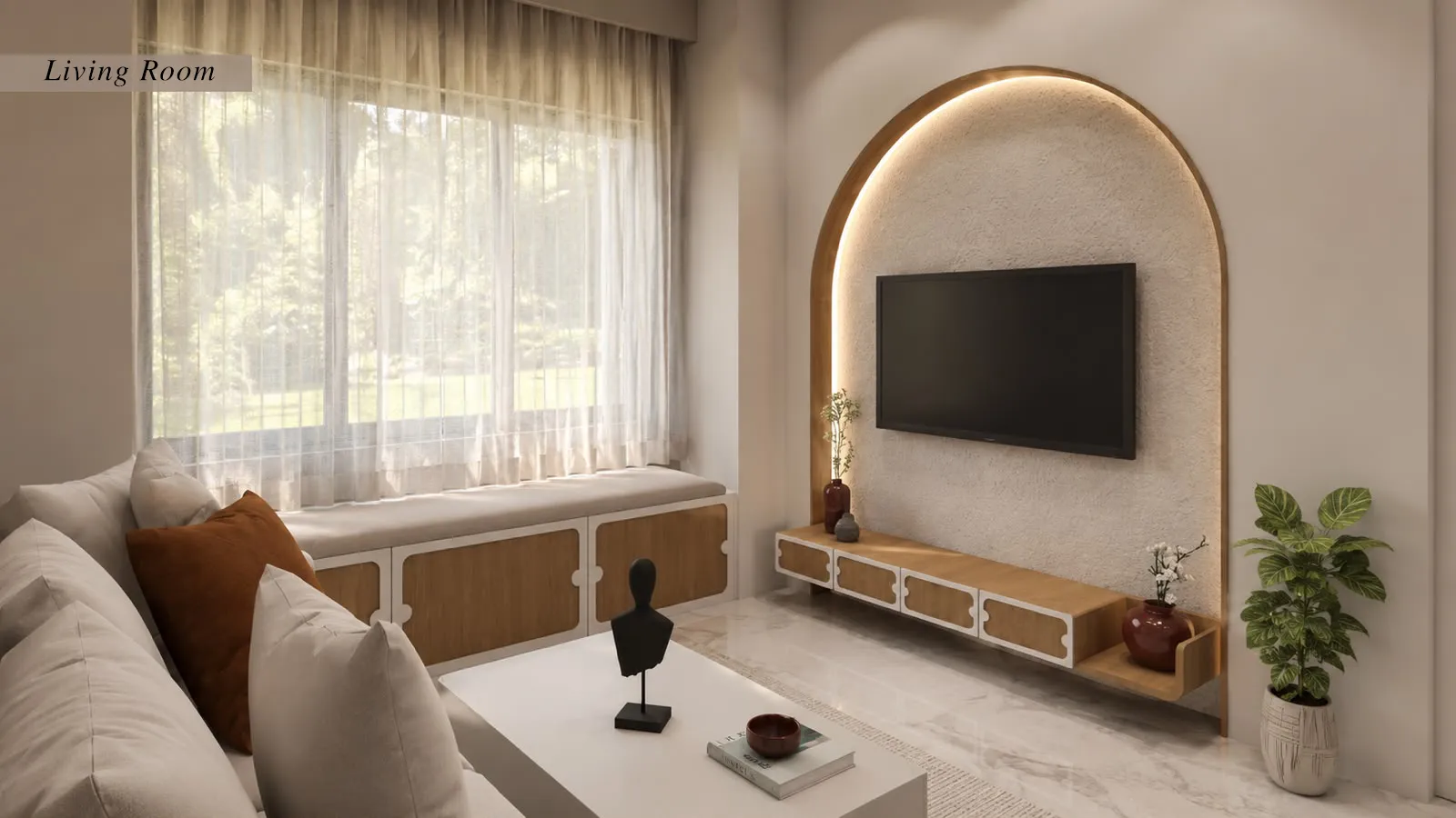 Living room designed by Studio Aayam with an arched TV niche and warm cove lighting