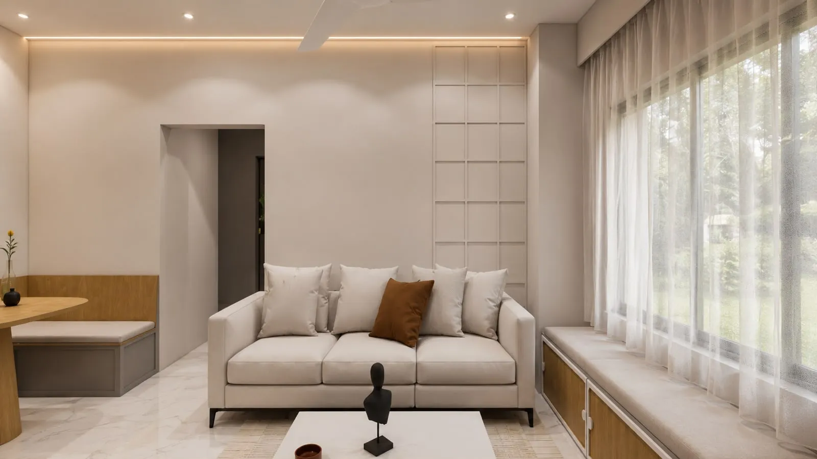 Airy living room with window seating and sheer drapes