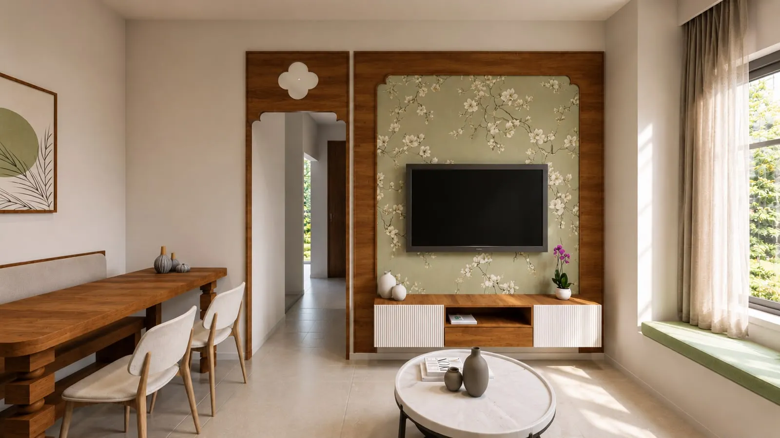 Japandi living room with floral wallpaper TV unit