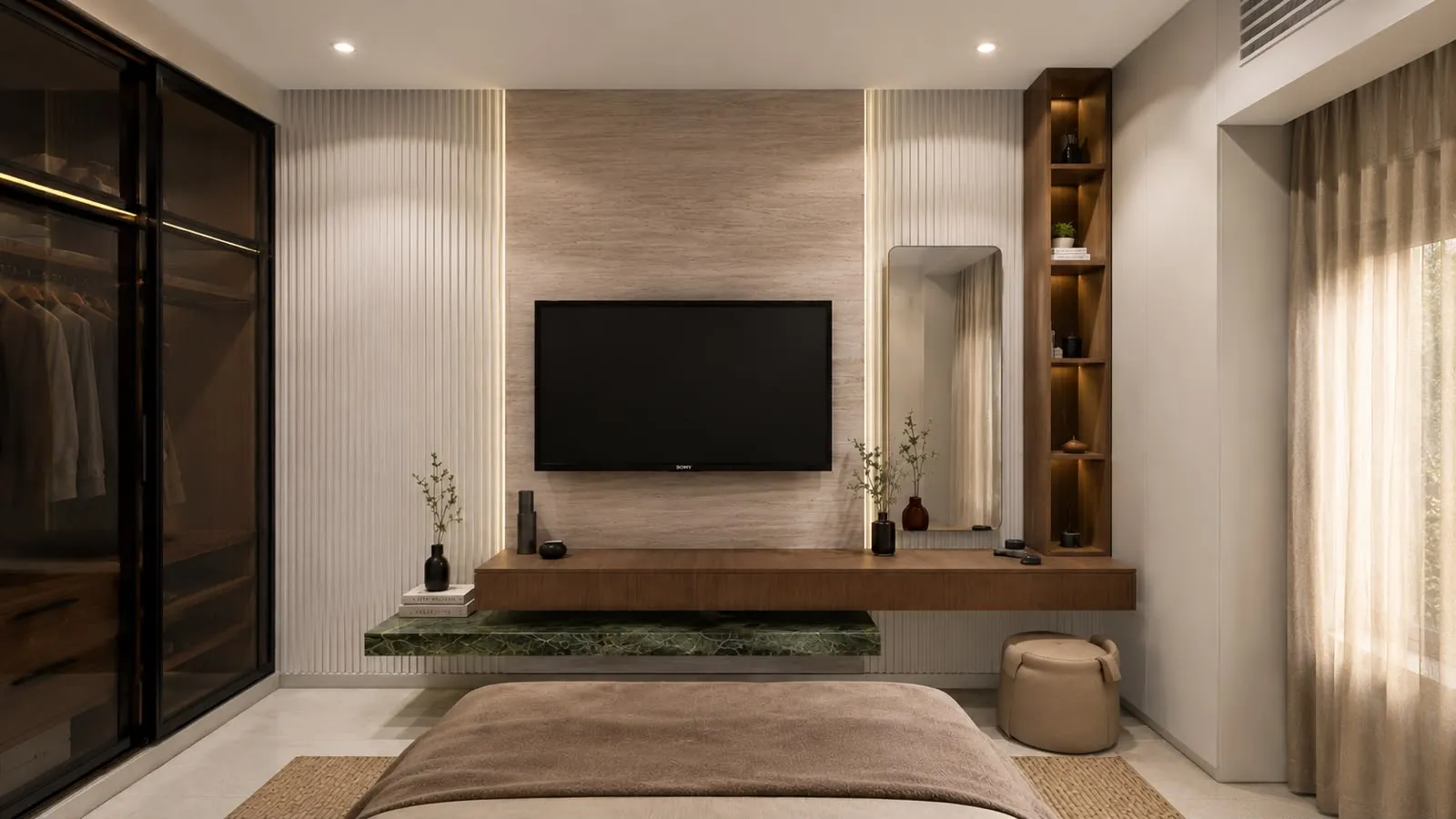 Bedroom TV wall with floating console and green marble ledge