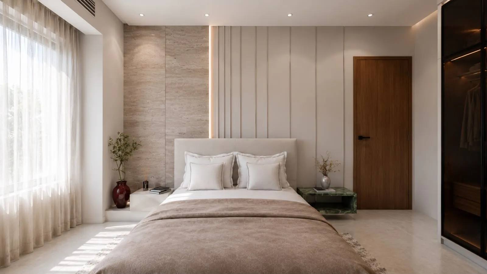Serene master bedroom with travertine feature wall