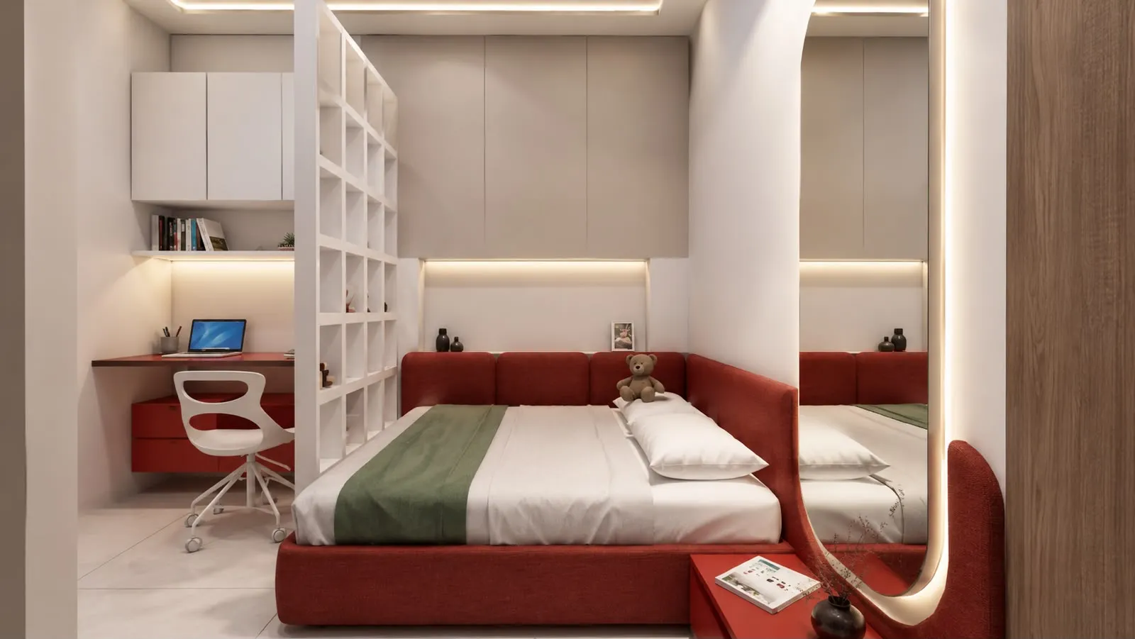 Kids bedroom with arched mirror and workspace